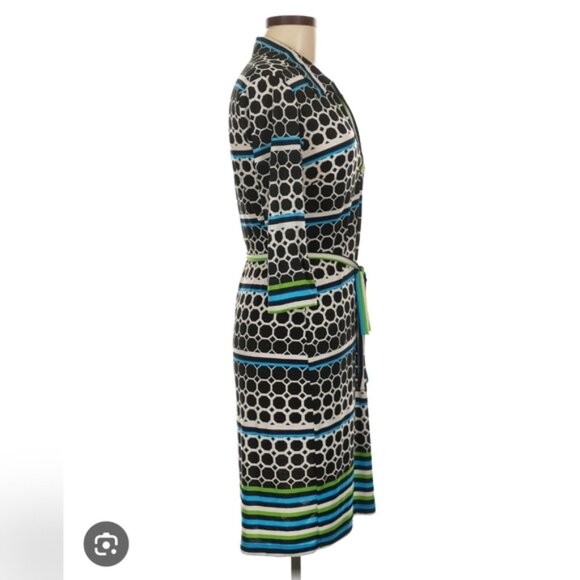 "Mlle Gabrielle" Dress, Stylish Black, Blue, Green And White Patterned Dress - Picture 16 of 16